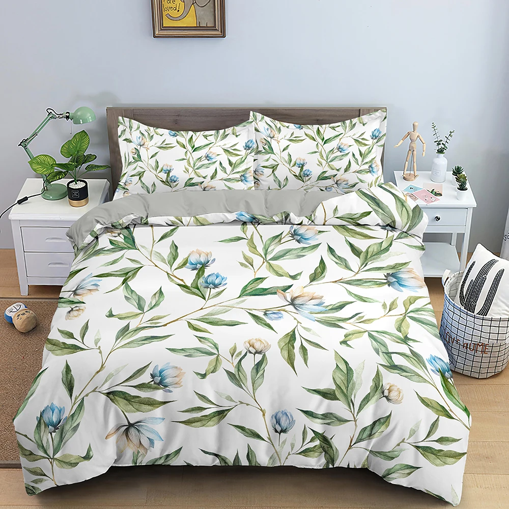 Set Copripiumino Super King Size 260x220 Cotone Biologico 200 Fili – Foglie Tropicali Blu Chiaro Con 2 Federe