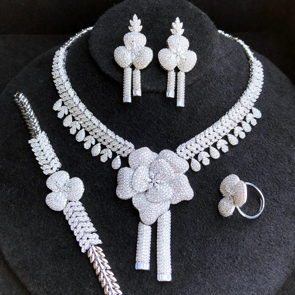 

Missvikki New Luxury Necklace Earrings Bracelet Rings Jewelry Sets 4PCS For Women Indian Nigerian Bridal Wedding Jewelery Set