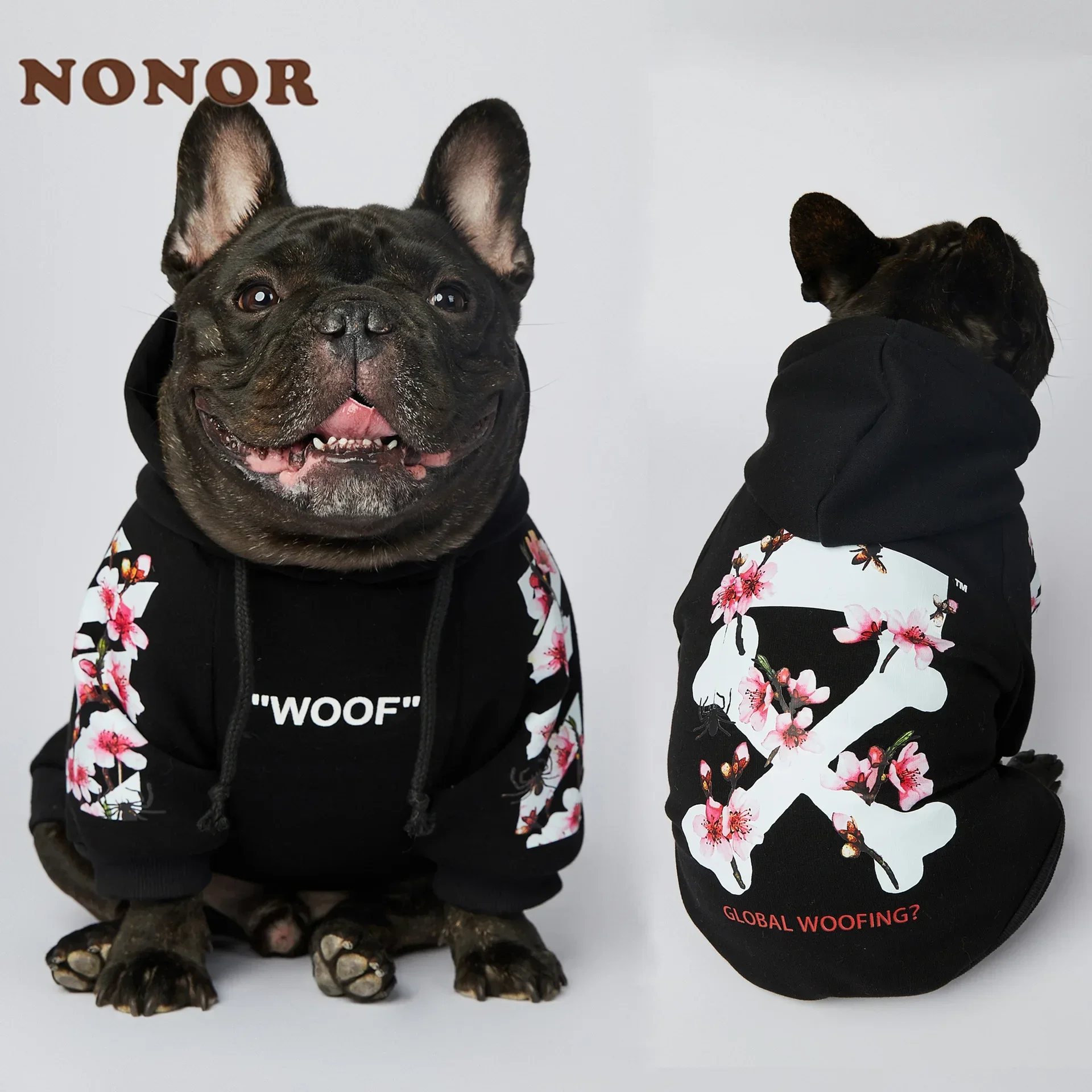 Pet Clothes NONOR Dog Clothes WOOF Fashion Sakura Dog Jacket Pet Hoodies Winter French Bulldog Pugs Sports Jacket M-4XL