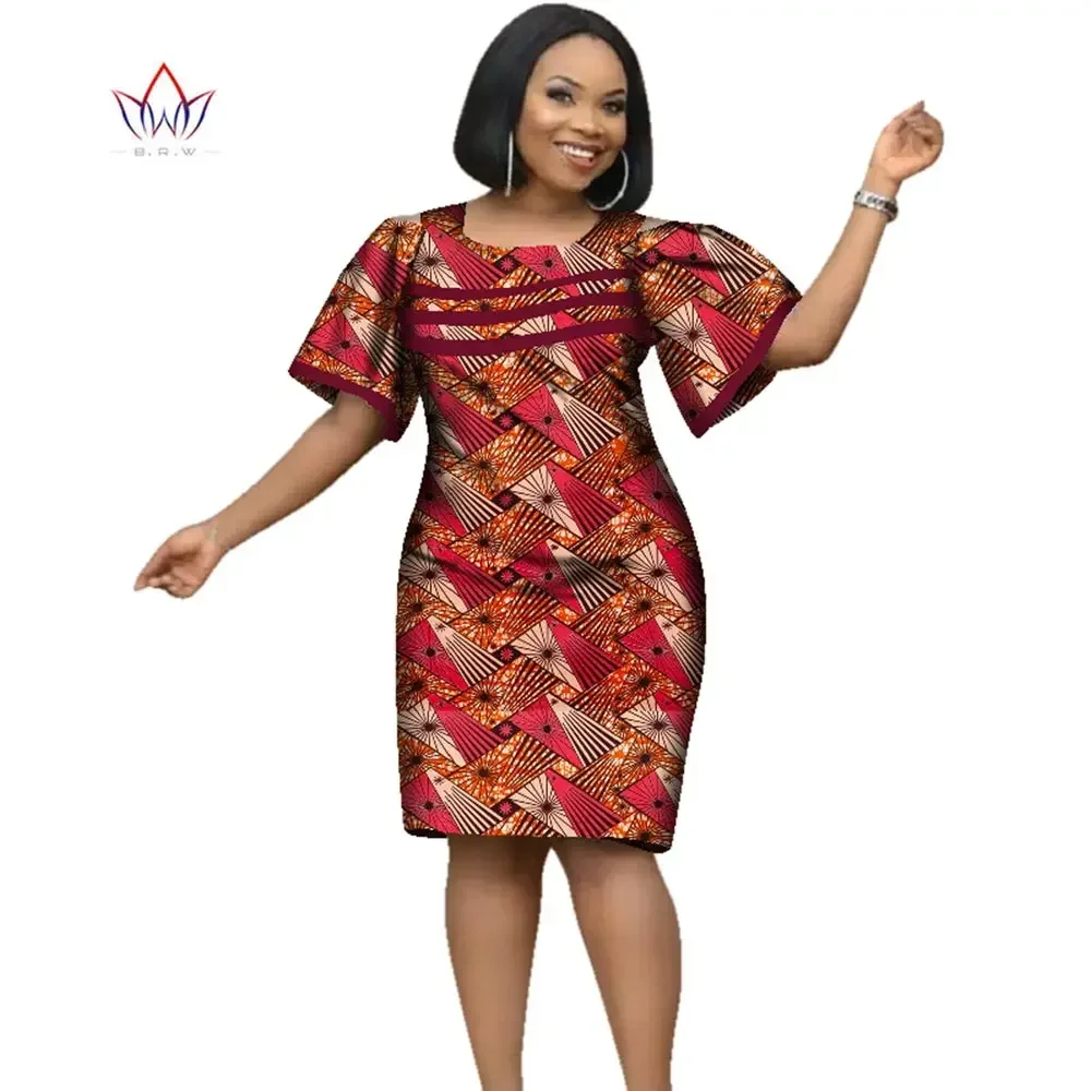 African Dresses for Women African Cotton Wax Print Dresses Dashiki Women Short Sleeve O-neck Office Pencil Dress African Dress