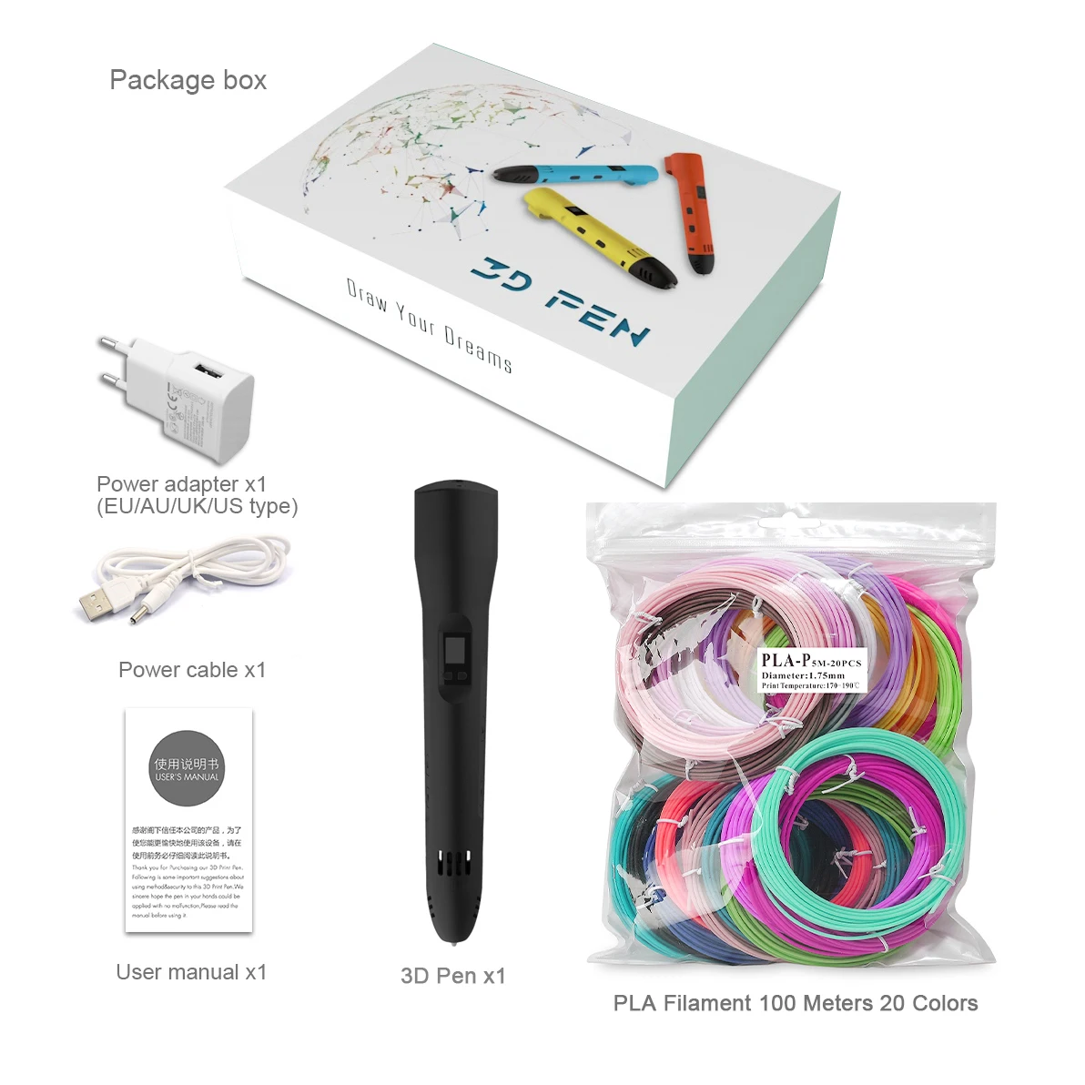 3D Printing Pen QCREATE 3D Pen 60-245 Celsius Adjustable Heating Temperature 8 Gears Speed LCD Display Support ABS PLA HIPS PVA Materials