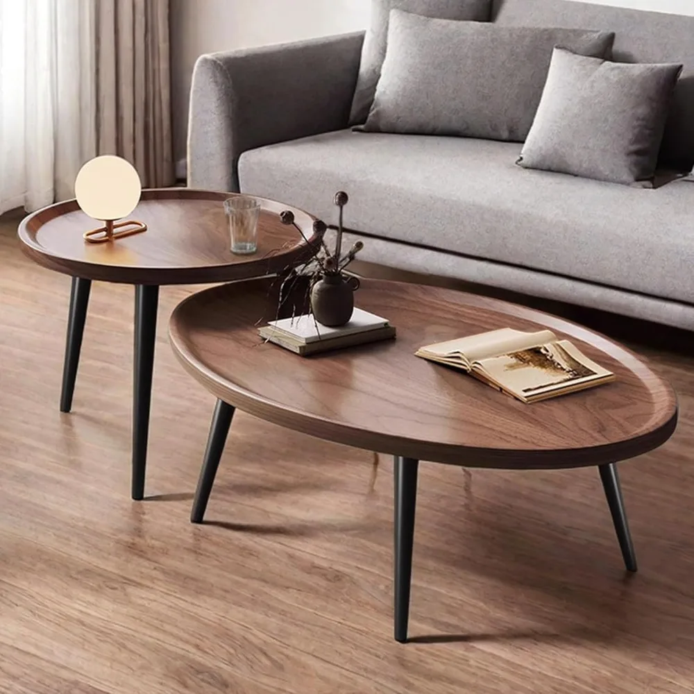 Mid Century Modern Coffee Table, Nesting Coffee Table Set of 2，Oval+ Round Side Table Set for Living Room, Bedroom,Small Space 2