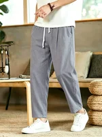 Pantalon décontracté pour homme en coton et lin, coupe droite, taille élastique avec cordon de serrage, respirant, léger, idéal pour l'été et la plage, avec poches 1