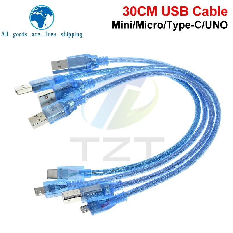 30 cm langes USB-Kabel für Uno R3/Nano/MEGA/Leonardo/Pro Micro/DUE Blau, hochwertiges A-Typ-USB/Mini-USB/Micro-USB-Kabel für Arduino