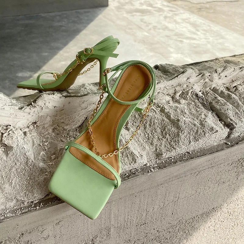 Summer Elegant Women Purple High Heels Chain Sandals Designer Open