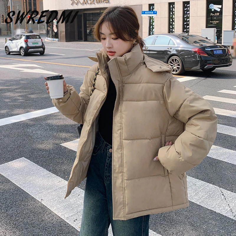 

SWREDMI Hooded Jacket Winter Women Solid Elegant Cotton-padded Jacket New Korean Loose Parka Snow Outwear XS-2XL Student Coats