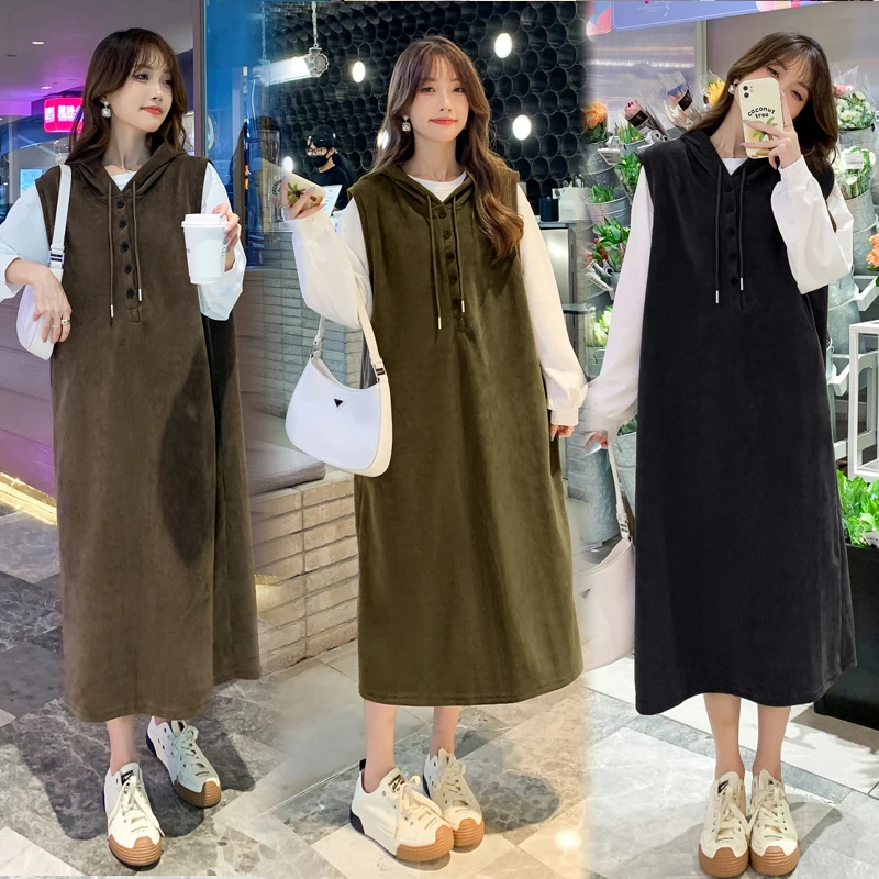 

Korean Style Winter Maternity Clothes Set Plus Size Pregnant Woman Dress Suits Long Sleeve Tees Hooded Sleeveless Dress Twinset