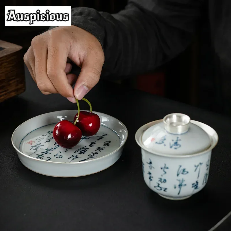 Gaiwan Gilded Silver Poetic Tea Tureen Tea Making Cover Bowl Chinese Set Ornaments Antique Blue and White Porcelain 140ml
