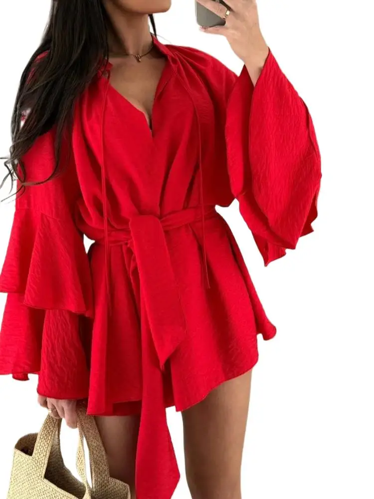 Women Summer V Neck Ruffle Dress Long Flare Sleeve Solid Blouse