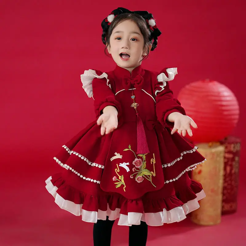 

Girls' New Western Style Festive New Year Clothes Baby Fleece-Lined New Chinese Style Ancient Style Dress Christmas Dress Pdd