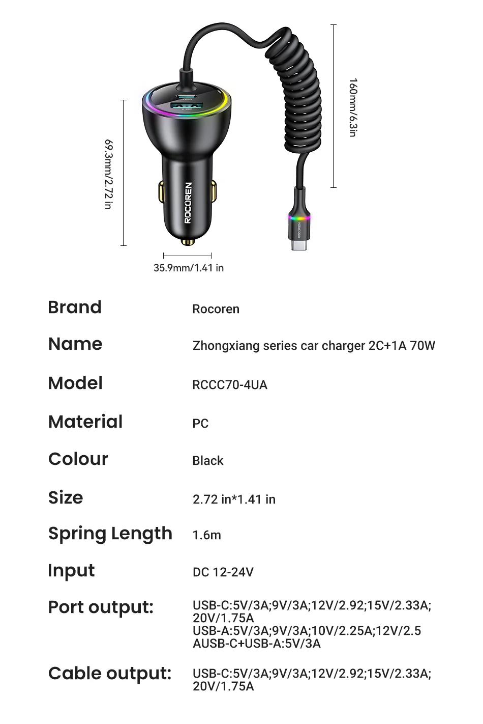 S68ad3ca687ae477cb4ddf9d44d9cb7ecX Rocoren Chargeur de Voiture 70W USB-C avec Câble LED