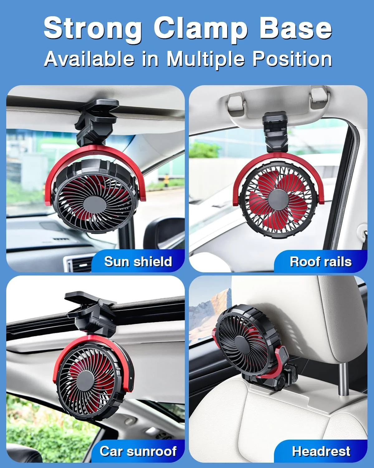 Eary Car Clip On Fan With 2000mAh Battery Usb Rechargeable Fan 900° Rotate Portable Air Cooling Fans Car Electronic Accessories 6