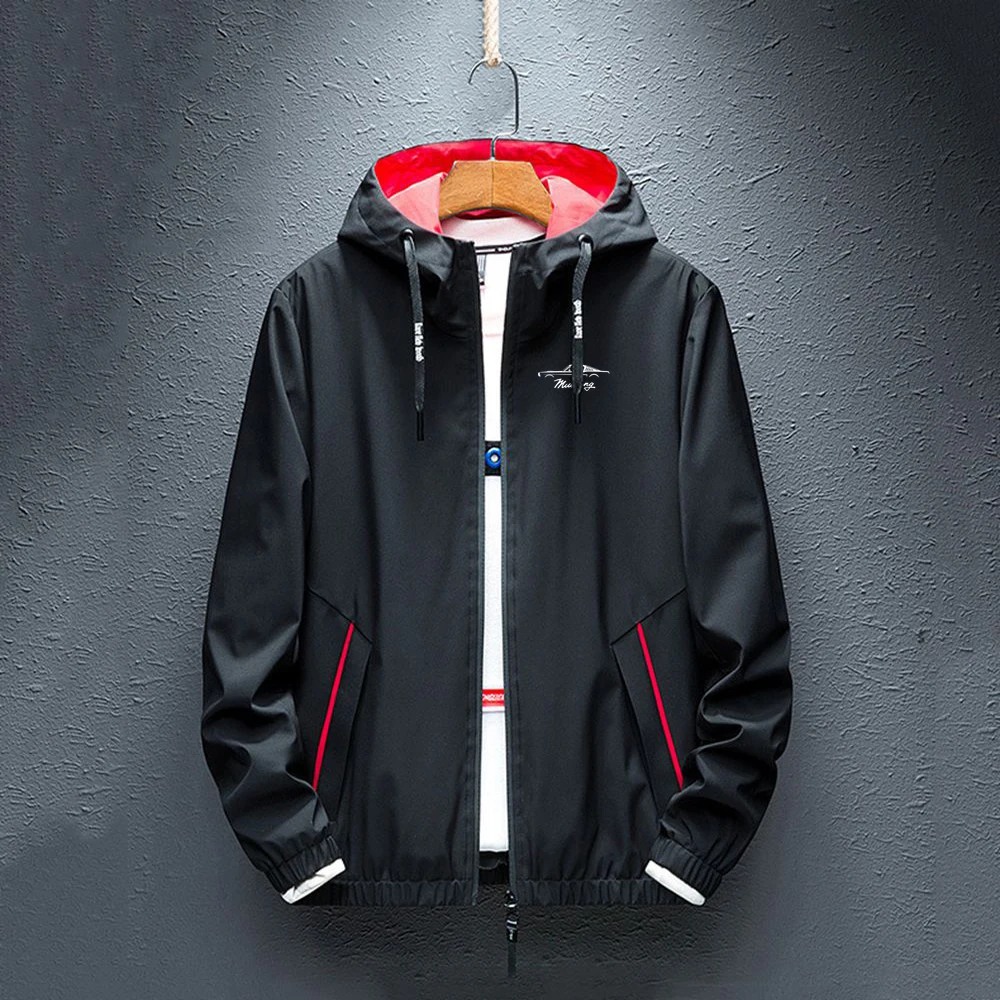 2023 new printed men's Mustang logo hooded jacket windbreaker zipper spring and autumn slim coat jacket