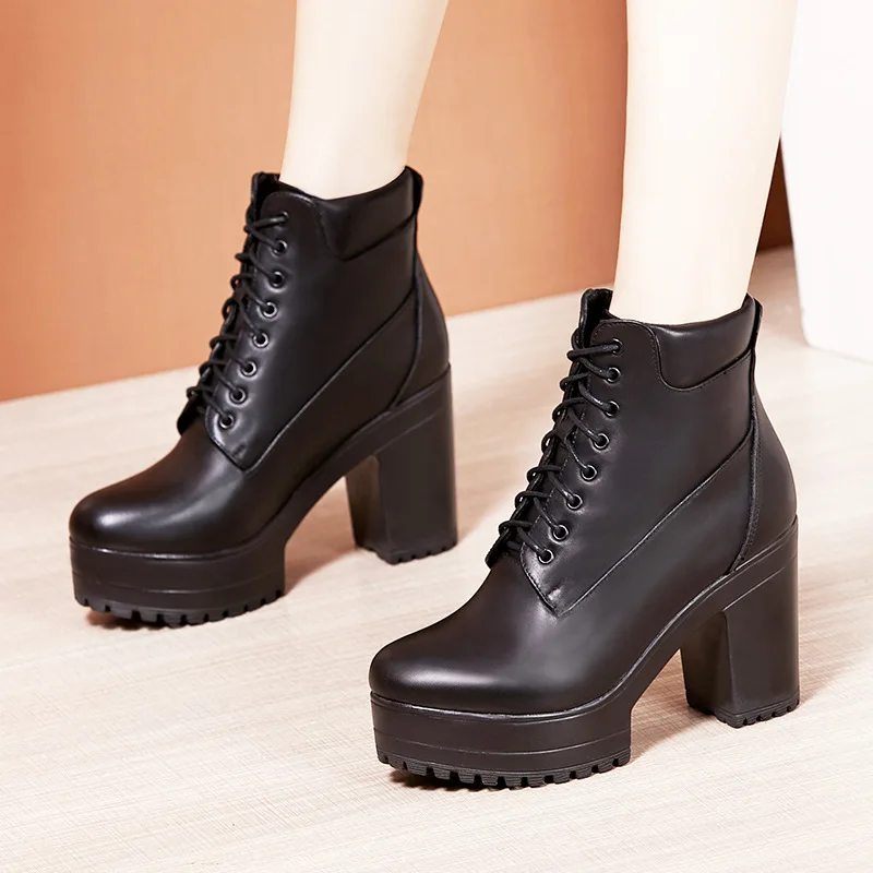 Women's Motorcycle Boots Genuine Leather Winter Ladies Plush Snow Boots Women Lace Ankle Boots Fashion Platform High Heel Shoes