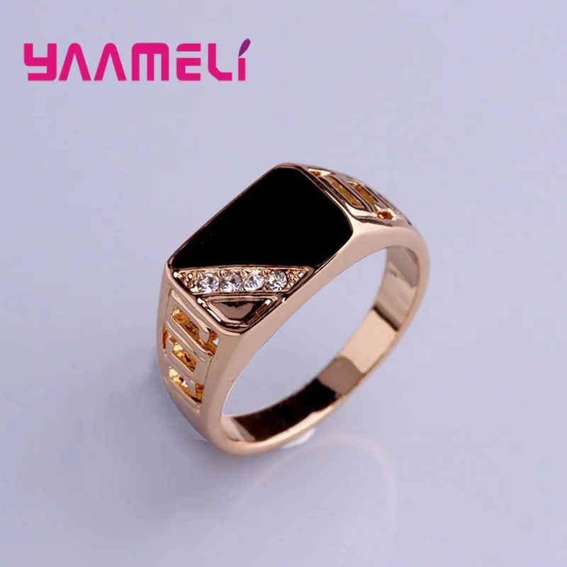 Classic Male Wide Band Ring 925 Sterling Silver Plated White Black Rhinestone Square Statement Hip Hop Jewelry silver rings silver ring silver plated ring