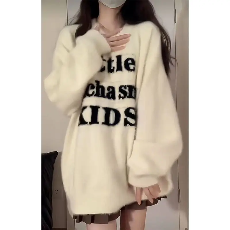 

Letter pattern Knitwear Korean Sle Women Loose Long Sleeve Imitation Mink Knit Women's knit sweater top Super warm and durable