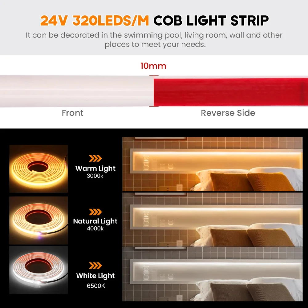 24V IP68 방수 COB 네온 스트립 320Leds 3000K 4000K 6000K 유연한 리본 로프 LED 라이트 라이너 조명 정원 야외 장식
