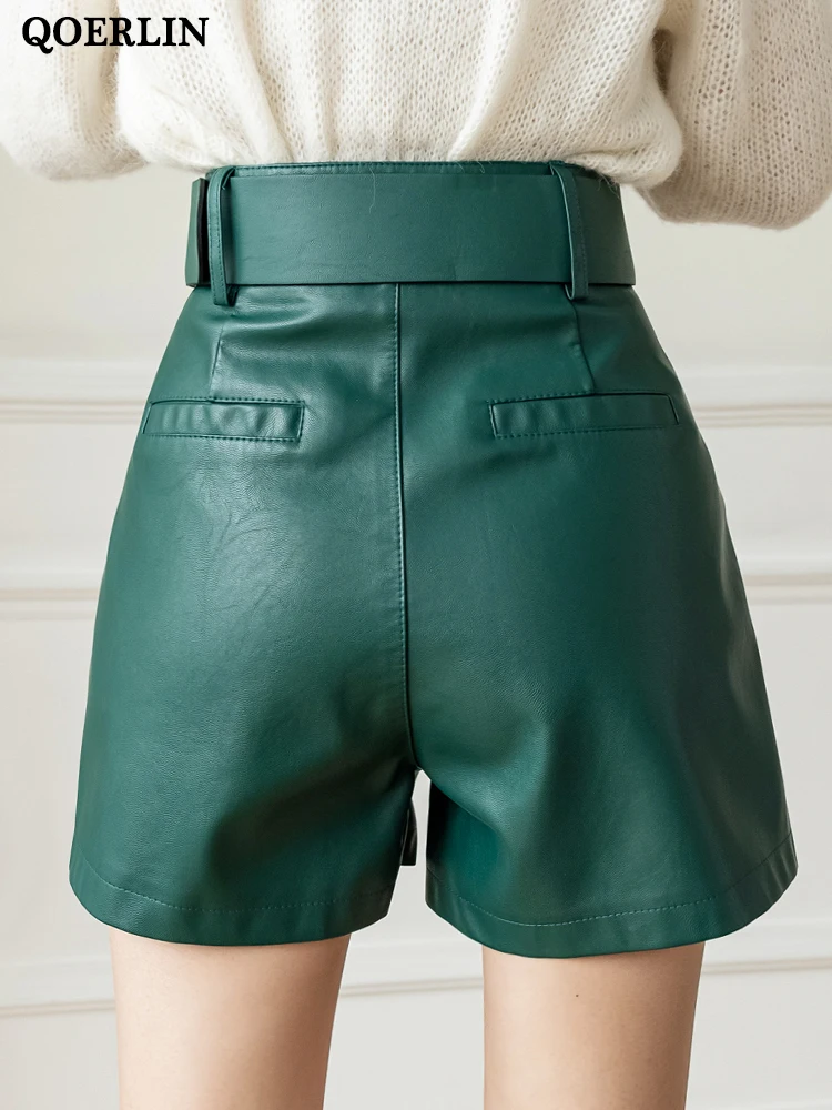 QOERLIN Green Women's PU Leather Shorts with Belted 2023 New Stylish Pocket Elegant Casual Shorts Trousers Female Autumn Winter
