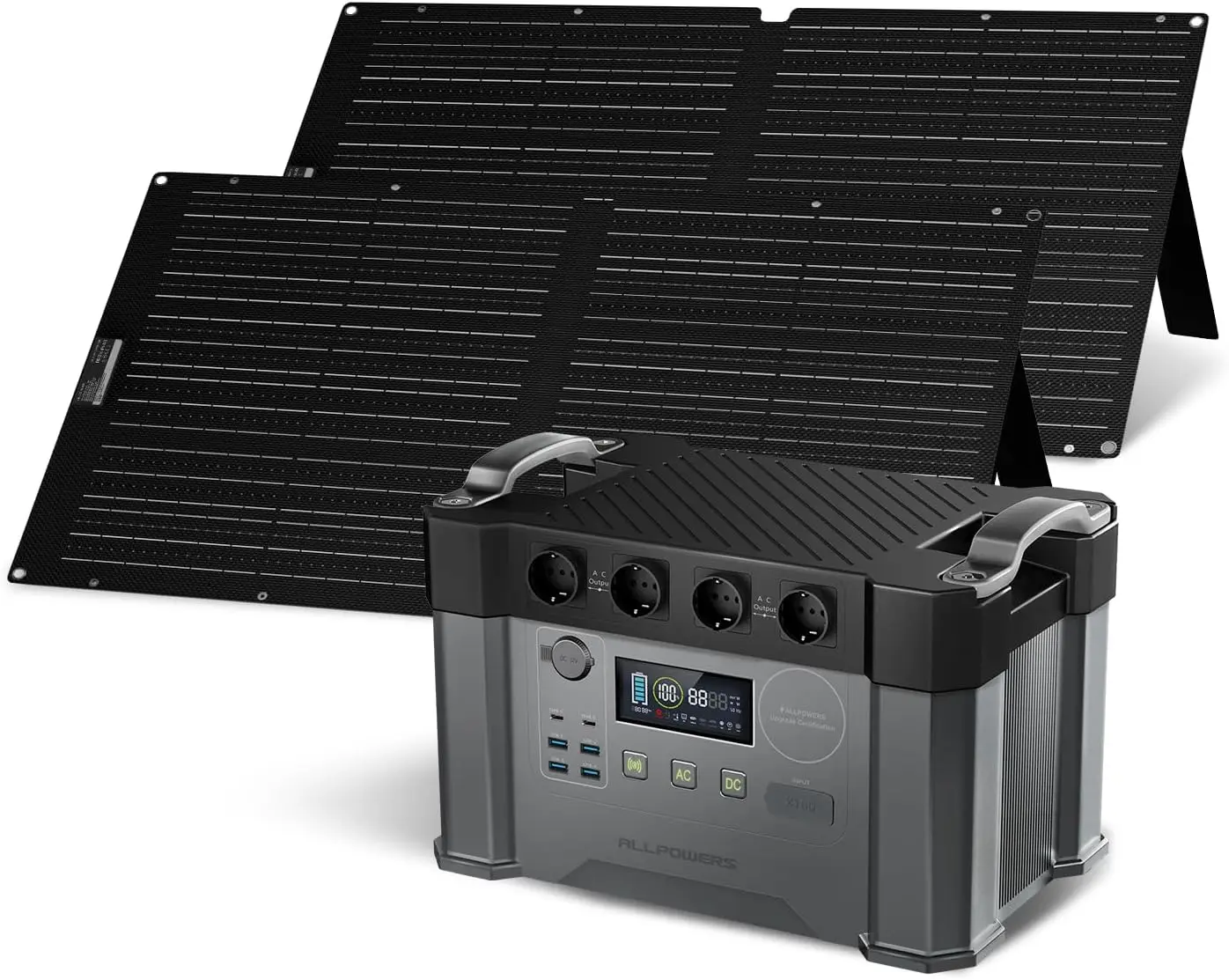 ALLPOWERS Solar Generator 2400W Battery Charger,110V/230V Pure Sine Wave AC Outlet With 2×100W Portable Solar Panel For Outdoors