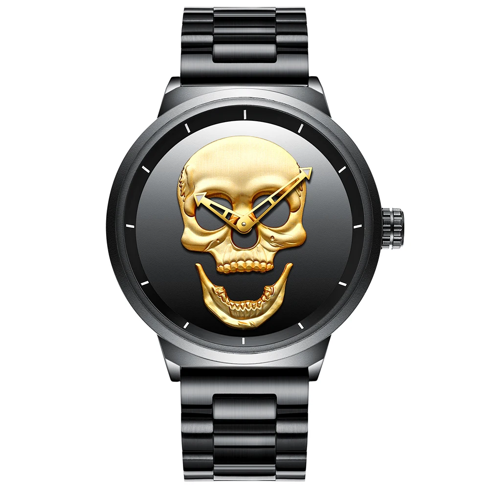 

Creative 3D Gold Skull Dial Design Watches for Men No Second Hand Men's Watch Clock Black Steel Band Simple Wristwatch Male Gift
