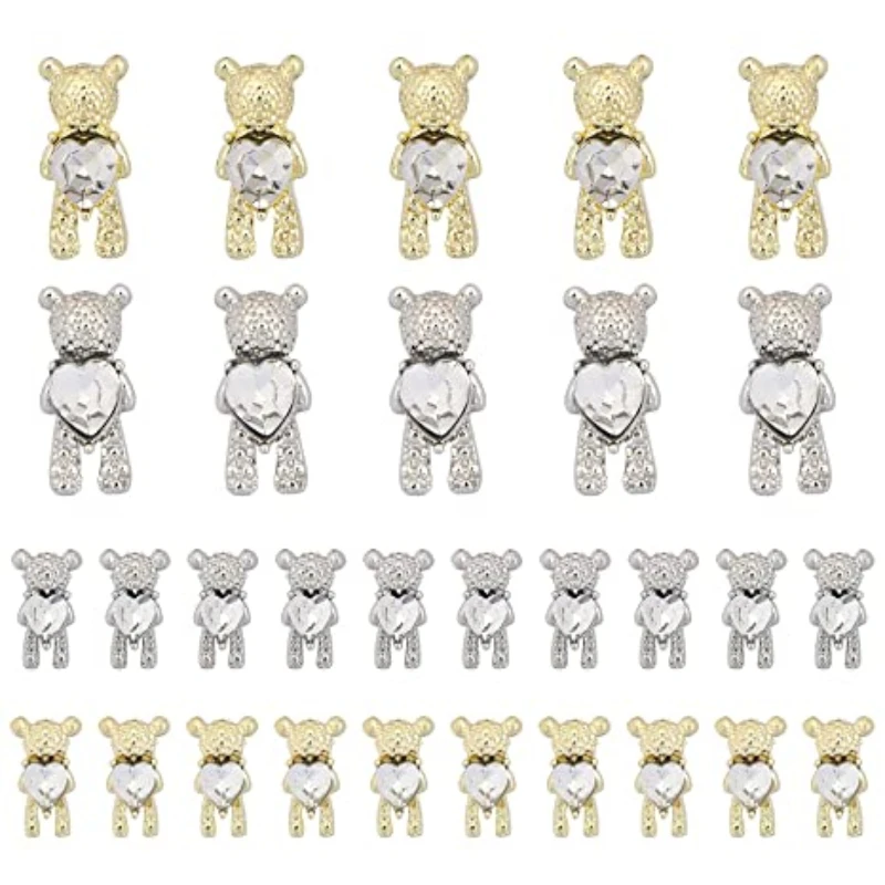 10pcs 3D Cute Alloy Love Bear Shiny Rhinestone Nail Charms with Heart Crystal Zircon Luxury Creative Nail Art Diamond Jewelry