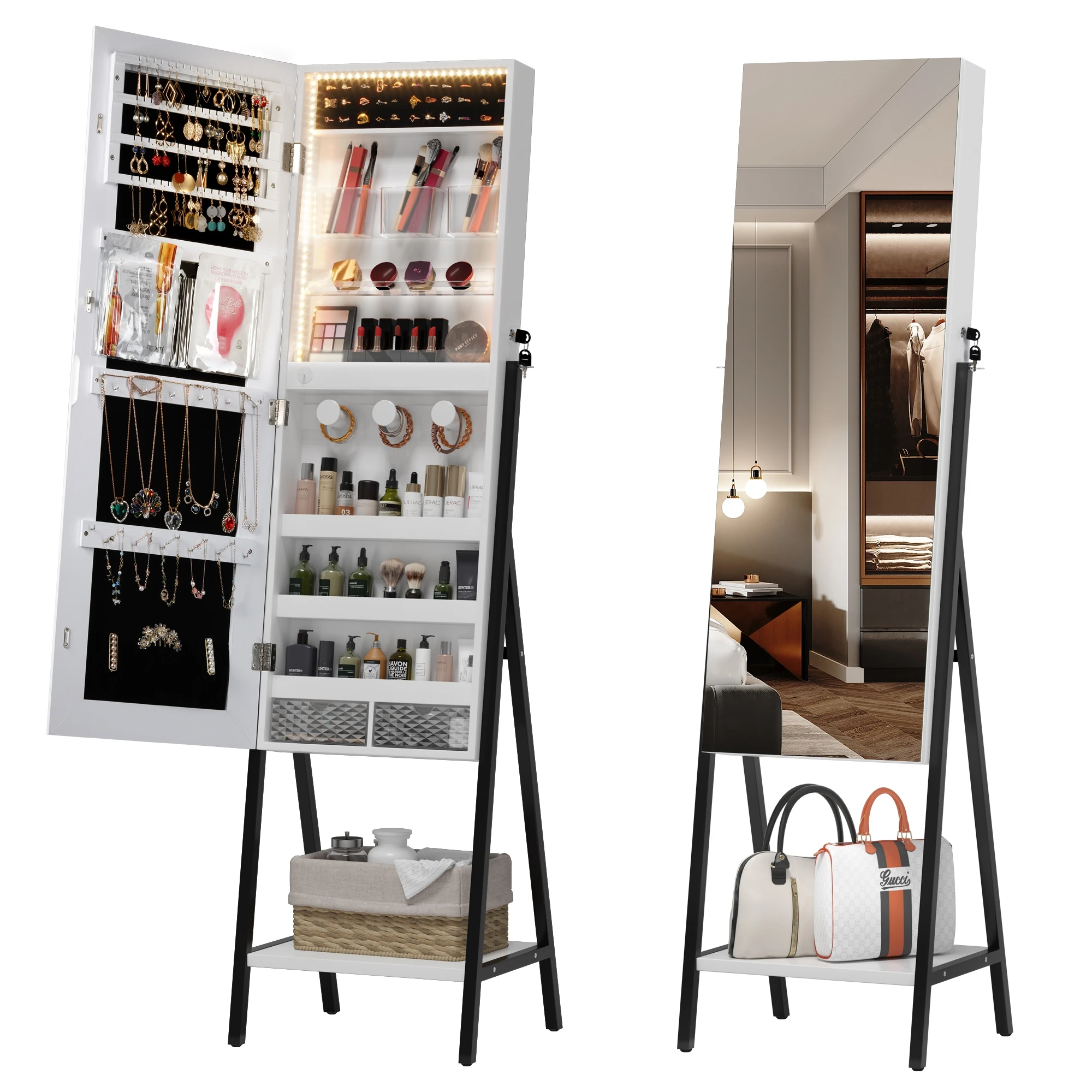 Jewelry Mirror Cabinet and Storage Cabinets, Full Length Mirrored Jewelry Organizers with Drawers, Iron Shelves for Living Room