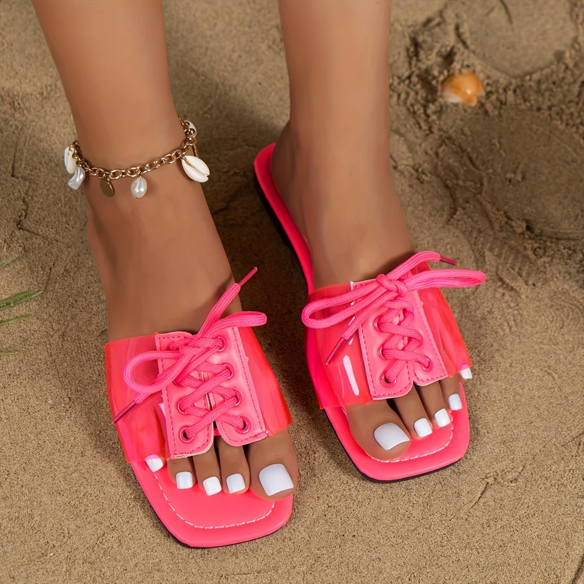 

Women PVC Transparent Mule Sandals 2024 New Summer Open Toe Flat Slippers Female Neon Color Lace Up Fashion Slide Shoes Chaussur