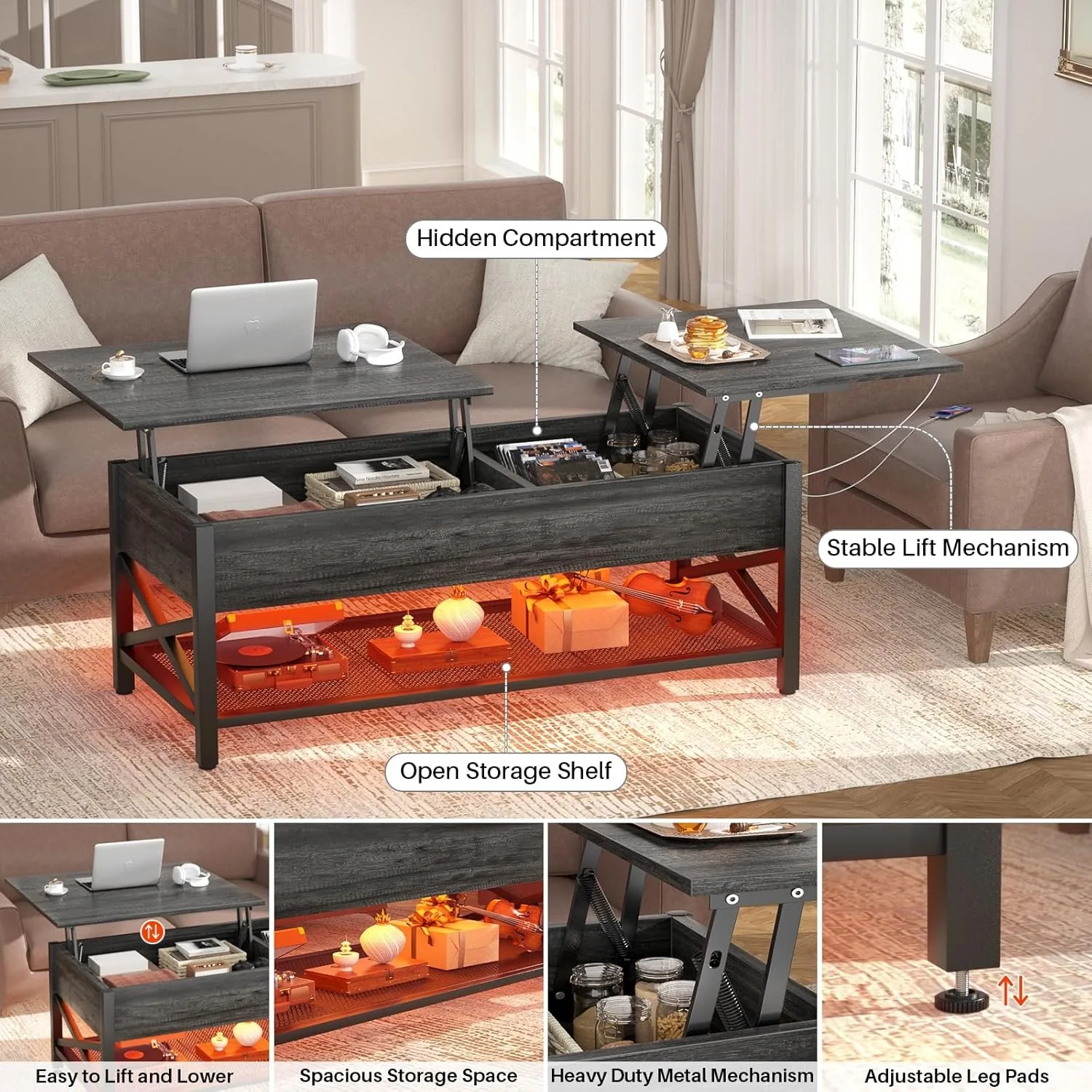 Coffee Table, Lift Top Coffee Table with LED light and Power Outlet, Modern Lift-Top Table with Storage Shelf, Metal Frame 4