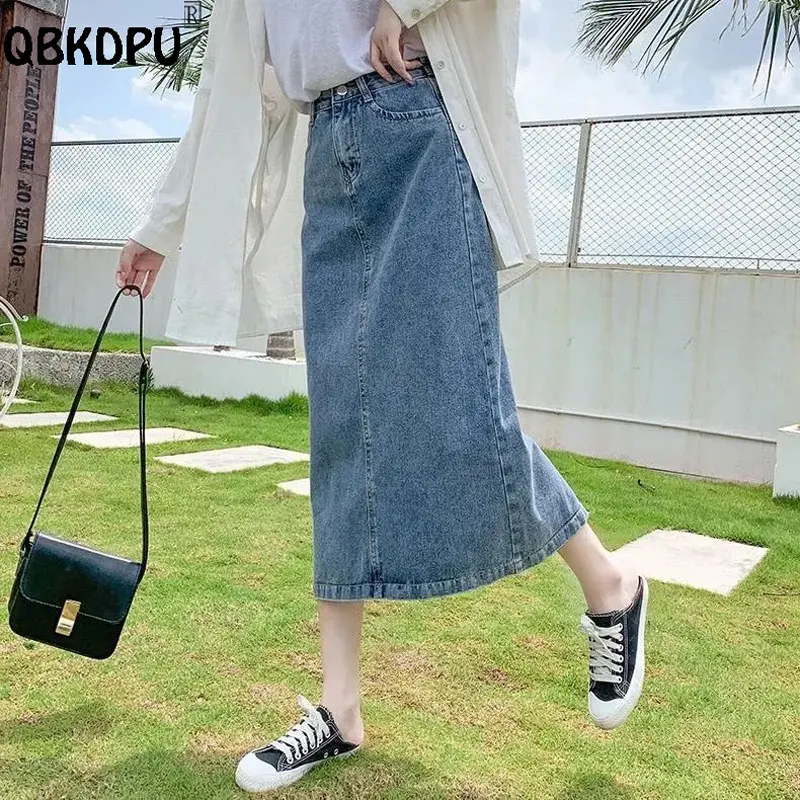 Korean Blue Jean Skirts Below The Knee Summer Long Denim Skirt