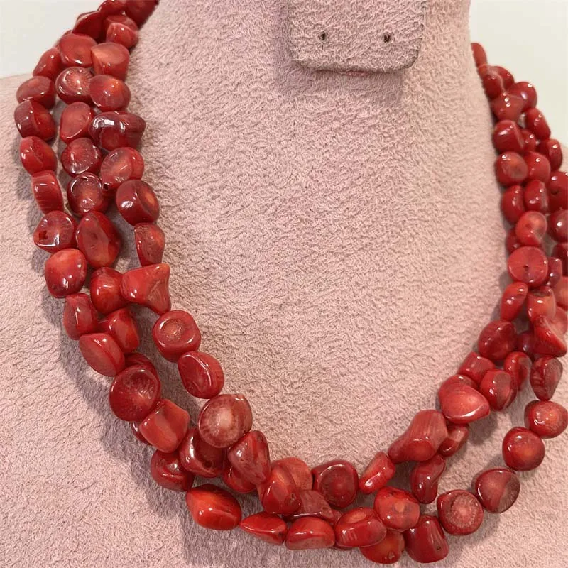 Three Layers Weave Nugget Red Coral Necklace Luxury Geometric Gem
