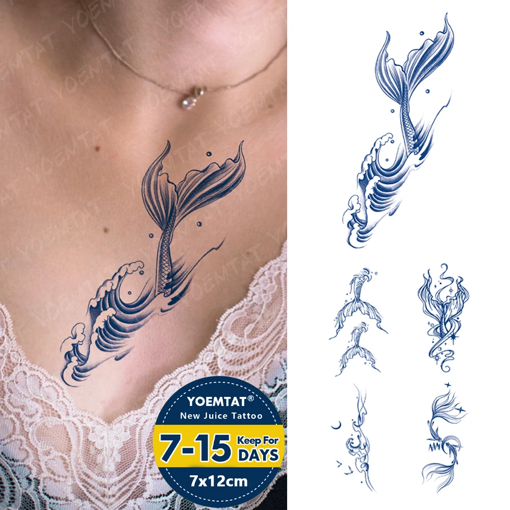 

Wave Fishtail Juice Ink Lasting Waterproof Temporary Tattoo Sticker Totem Fake Tatto Body Art Semi Permanent Tato Women Men Arm