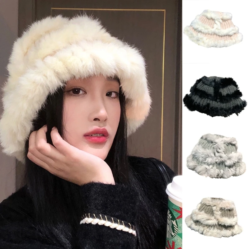 

Plush Color Matching Bucket Hat Color Matching Fisherman Hat for Girls Teens