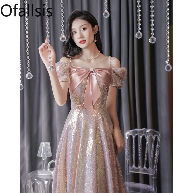 

Ofallsis Pink Off Shoulder Beaded Evening Dress 2023 Summer Banquets Light Luxury French Annual Meeting Birthday Party Dresses
