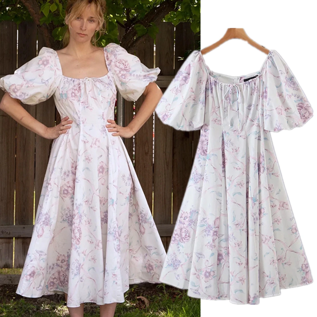 

Withered 2023 Bohemian Style Vintage Indie Folk Floral Print Fashion Elegant Puff Sleeve Dress Square Collar Summer Dress Women