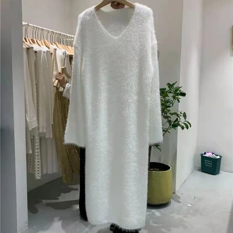

2023 Autumn/Winter Mink Fleece Loose Over Knee Woolen Dress High Grade Feeling Flesh Covering Mid length Knitted Bottom Dress