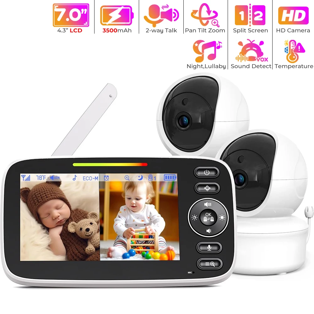 2 Kameralı Bebek Monitörü, Sesli ve Kameralı Bölünmüş Ekranlı Bebek Telefonu 4,3" Ekran - Gece Görüşü, İki Yönlü Konuşma