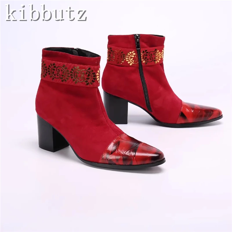 

Pointed Toe Red Suede Leather Men's Ankle Boots 8cm High Heeled Printed Decor Zipper Boots Male Banquet Party Botas