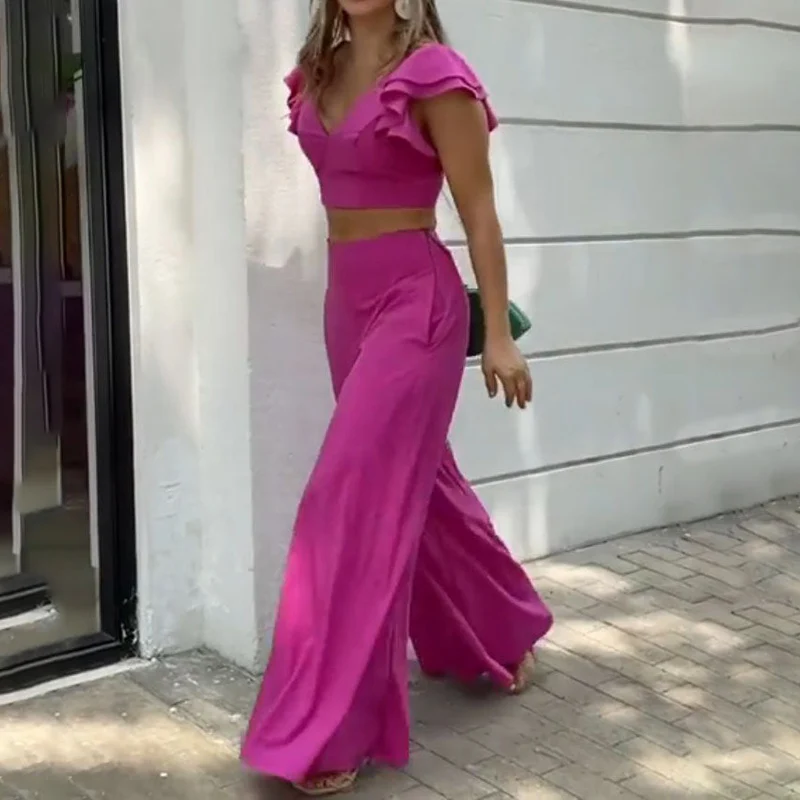 Ellafads Women's Two Piece Set Butterfly Sleeve Solid Color Two-Piece Set Sexy V-Neck Top Wide Leg Pant