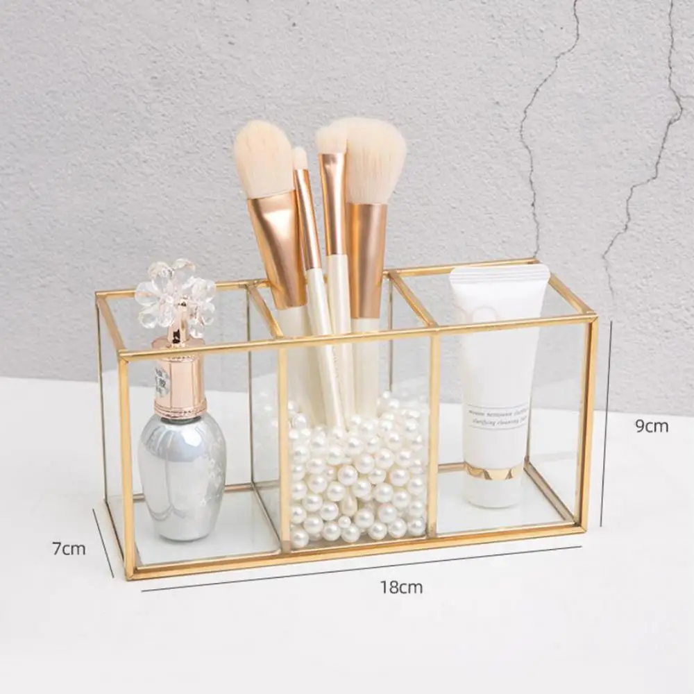 Transparent Glass Makeup Brush Storage Box Gold Cosmetics Container Ring Pencil Lipstick Holder Make Up Brushes Organizer 4