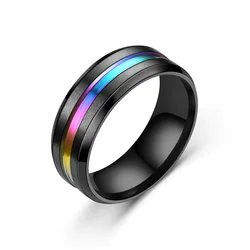 Black Titanium Stainless Steel Ring with Rainbow Groove - Trendy Jewelry Accessory Gift - 8 (Black Colorful)
