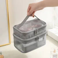 Grey Double Layer Mesh Cosmetic Bag Women Portable Make Up Case Big Capacity Travel Zipper Makeup Organizer Toiletry Storage Box 1