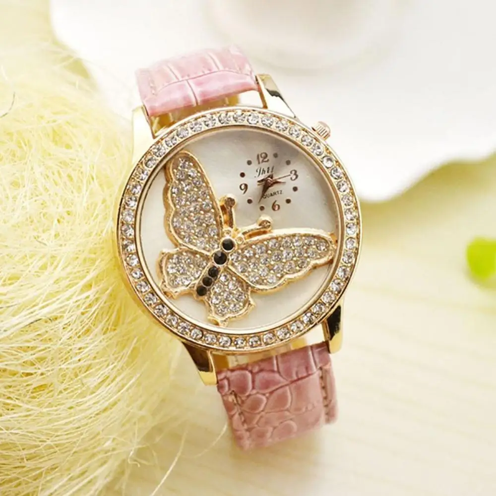 

2023 Butterfly Rhinestone Luxury Watch Women Faux Crystal Leather Band Analog Quartz Wristwatch Casual Ladies Watches Bracelet