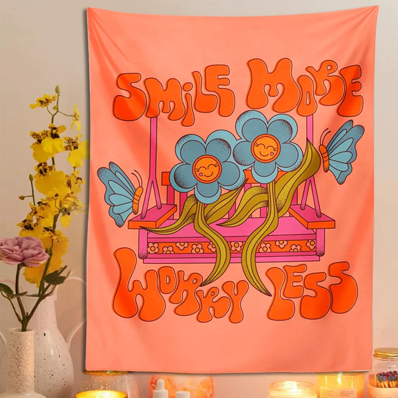 FlowerssmileTapestryWallHangingretroBohemiansmilemoreworrylesspinkflowershippie