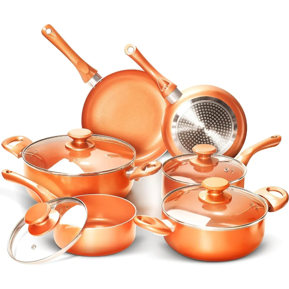 

10pcs Cookware Set Ceramic Nonstick Soup Pot/Milk Pot/Frying Pans Set Copper Aluminum Pan with Lid, Induction Gas Compatible