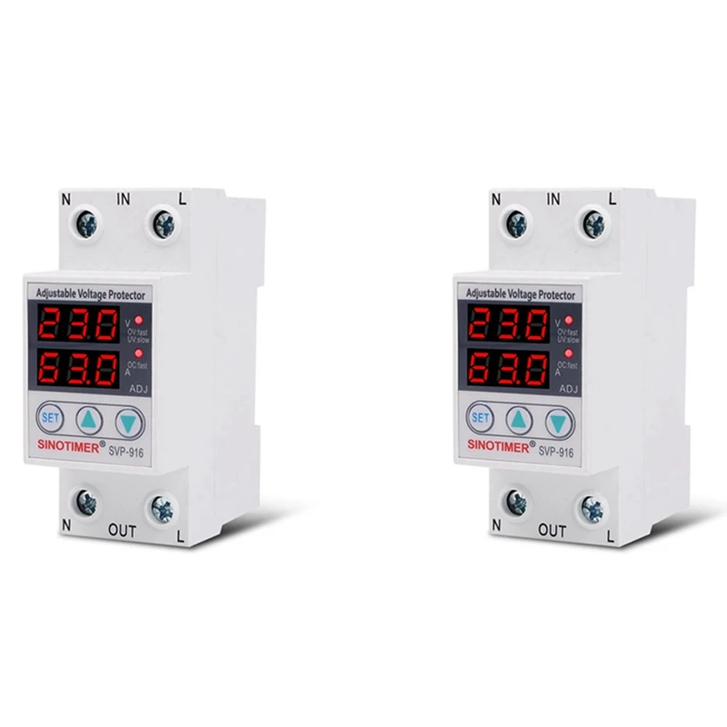 

2X SINOTIMER Dual LED Display 63A Din Rail 230V Adjustable Voltage Surge Protector Relay With Limit Current Protection