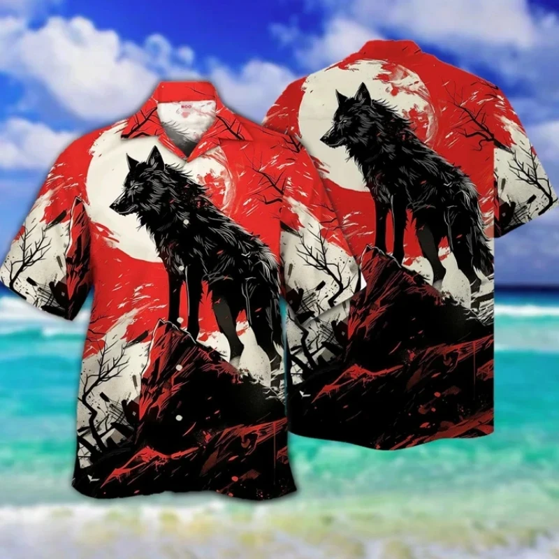 Camisa vintage para hombre con estampado de lobo en 3D, camisetas de manga corta, novedad de 2024, ropa de hombre de gran tamaño, camisas hawaianas casuales de playa para hombre, blusa