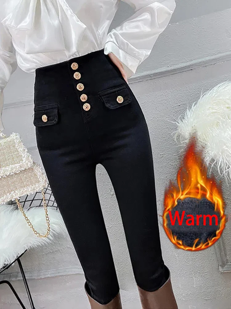 

Autumn Winter Chic Single-breasted Pencil Denim Pants Female Casual Plus Velvet Warm Skinny Denim Trousers Vaqueros Women Pants