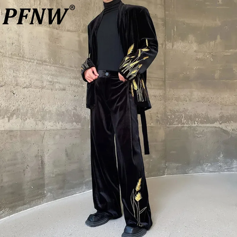 

PFNW Velour Male Sets Casual Embroidery Shoulder Contrast Color Men's Suit Jacket Chinese Style Men Wide Leg Pants Spring 9C4574