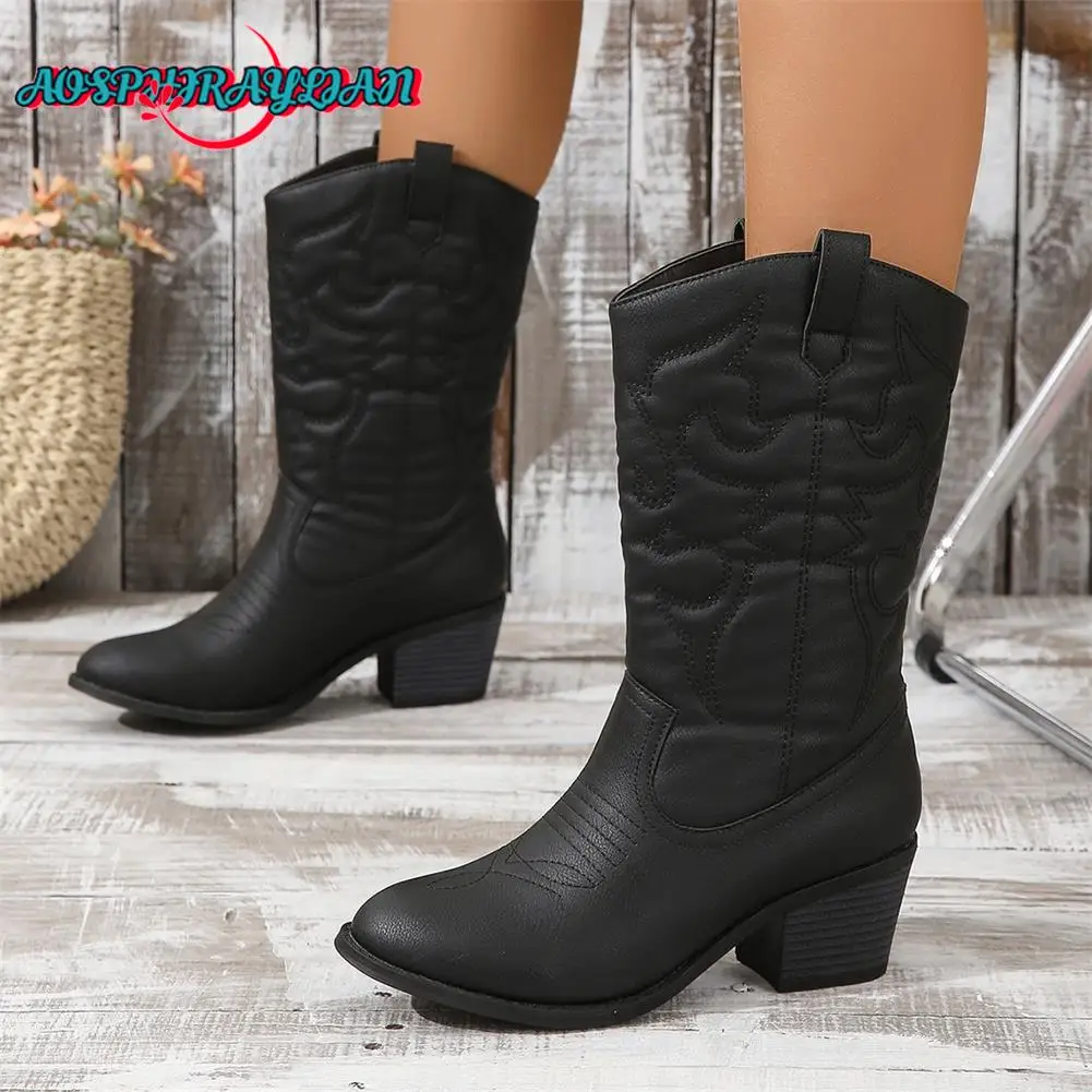 Brand New Ladies Black Mid-Calf Boots Fashion Embroider Chunky Heels women's Western Cowboy Boots Casual Party Woman Shoes