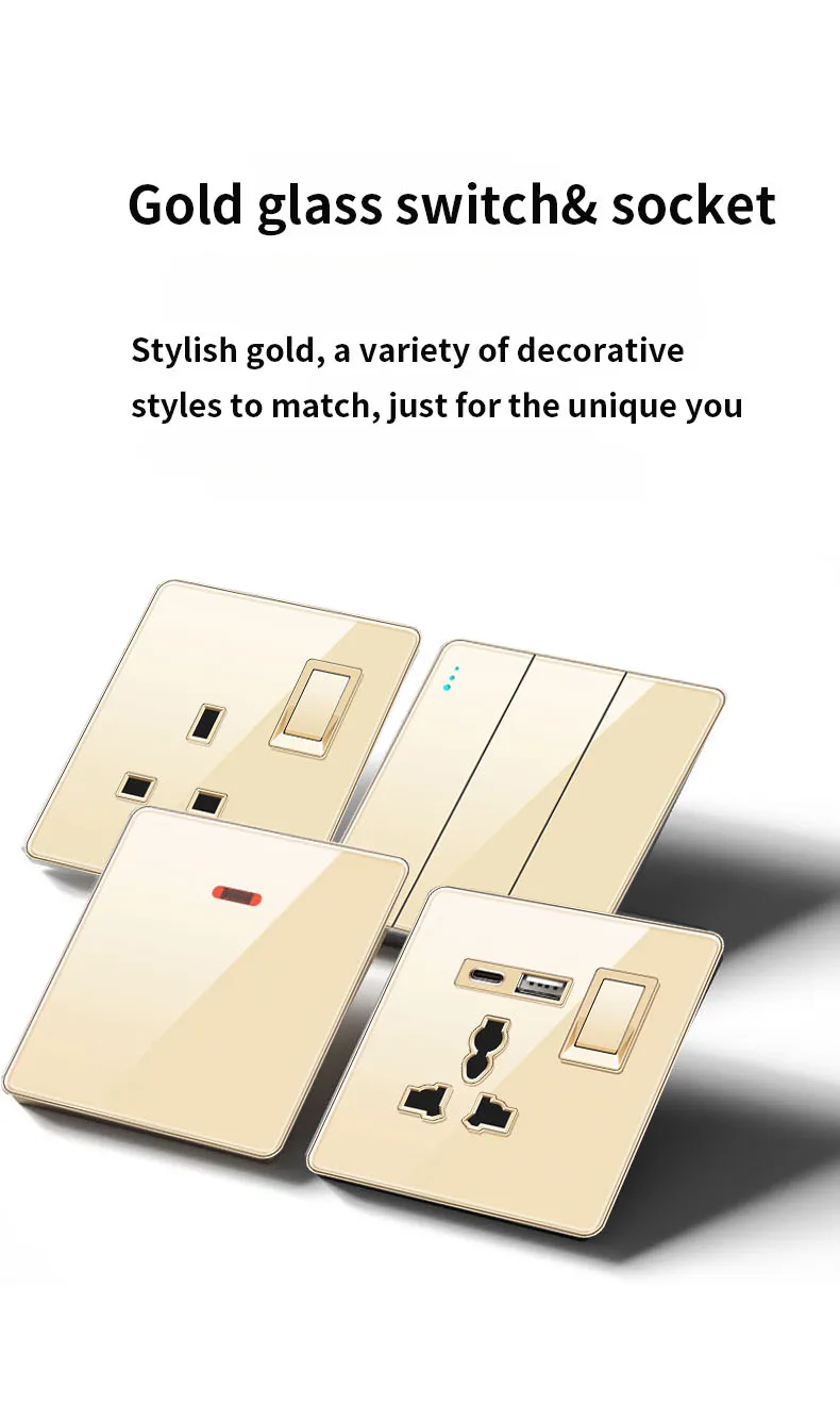 UK USB socket switch gold glass front view